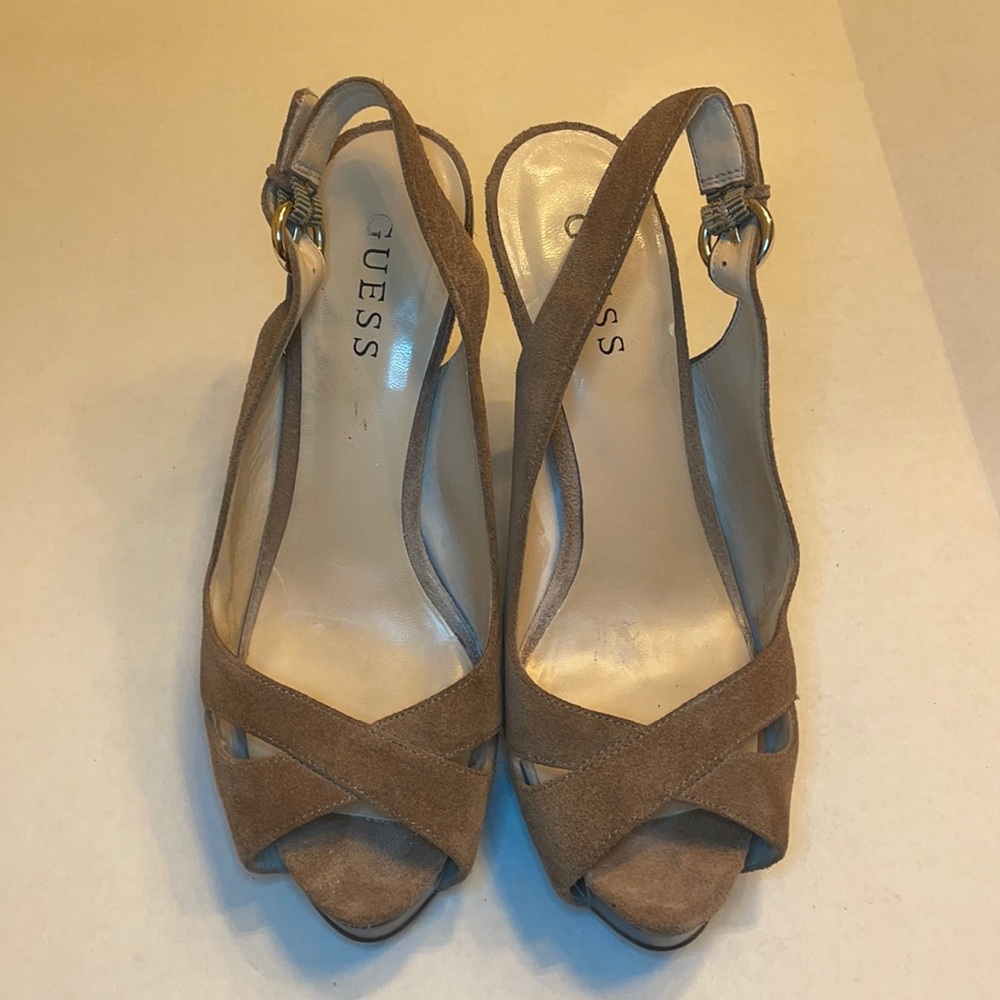 GUESS Taupe Peep Toe Platform Sling Back